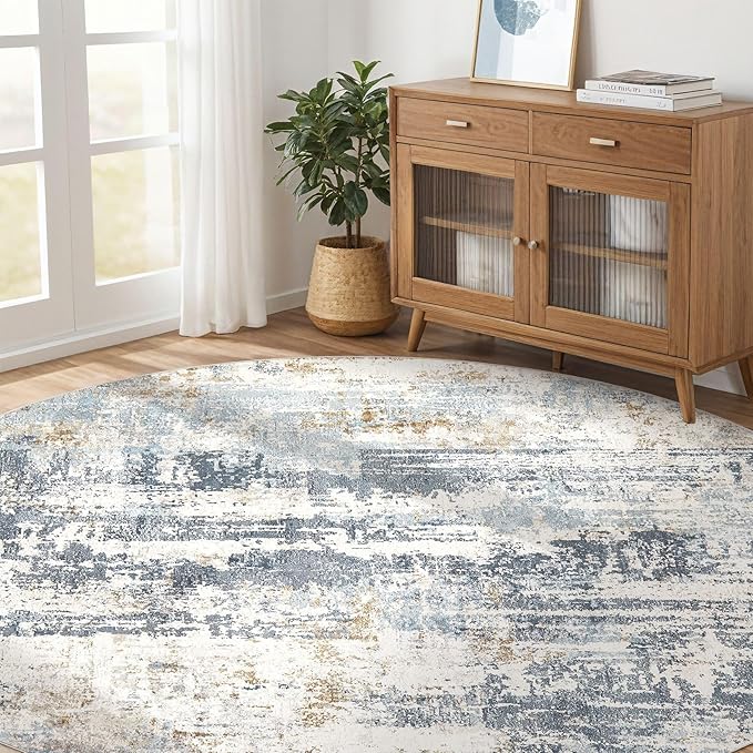 Round Rug Living Room Rugs: 10Ft Washable Circle Large Abstract Modern Soft Stain Resistant Non Slip Indoor Floor Carpet for Bedroom Nursery Office Dining Room Dorm Home House Decor- Light Blue