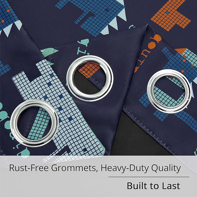 Kids Blackout Curtains - Pixel Dinosaur Curtains, 100% Blackout, 2 Panels, Each W52×L84, Thermal Insulated, Noise Reducing for Kids Bedroom, Bring a Playful and Retro Touch to Your Child’s Room