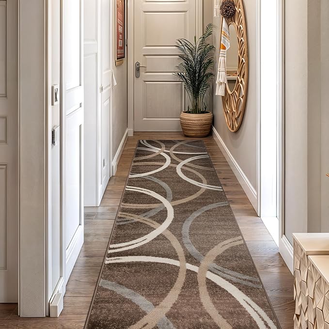 Rugshop Modern Wavy Circles Design Runner Rug 2'7" x 10' Brown