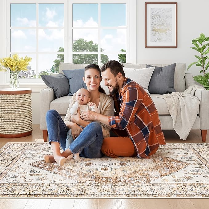 Lahome 9x12 Area Rugs for Living Room - Boho Non-Slip Washable Carpet Ultra-Thin Large Rug Lightweight Throw Foldable Dining Room Mat,Farmhouse Neutral Print Carpet for Bedroom Guest Room (Taupe)