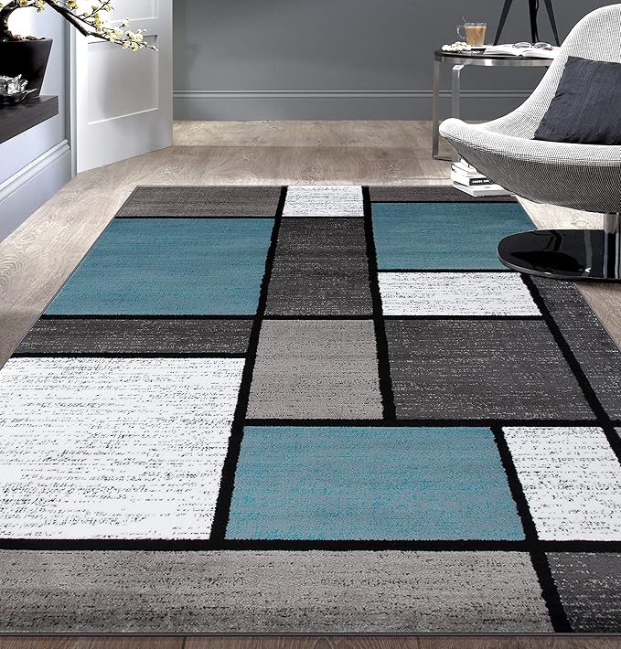 Rugshop Contemporary Modern Boxes for Home Office,Living Room,Bedroom,Kitchen Non Shedding Area Rug 5' 3" X 7' 3" Blue/Gray