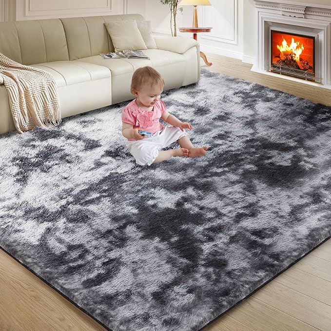 Ultra Soft Rug for Living Room, 3X5 Fluffy Shag Area Rug for Bedroom, Modern Shaggy Carpets Fuzzy Rug for Teens Dorm Nursery Home Decor Aesthetic, Upgrade Anti-Skid Durable, Tie Dye Black and Grey