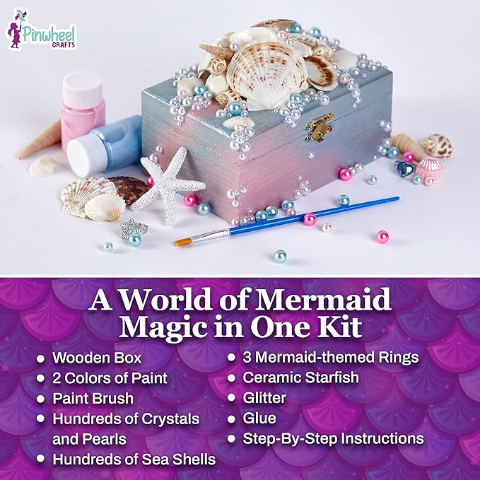 Pinwheel Crafts Mermaid DIY Jewelry Box Kit for Girls Ages 6+ - 530Pc Make Your Own Jewelry Box, DIY Craft Kits - Mermaid Craft Gifts - Painting Arts and Crafts for Girls 4-6 7 8 Years