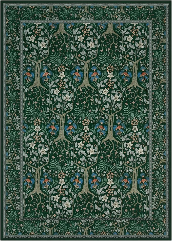 Joydeco Boho Floral 8x10 Area Rugs for Living Room, Washable Dark Green Rug Non Slip, Soft Large Low-Pile Botanical Forest Indoor Floor Throw Carpet for Bedroom Nursery Dining Office