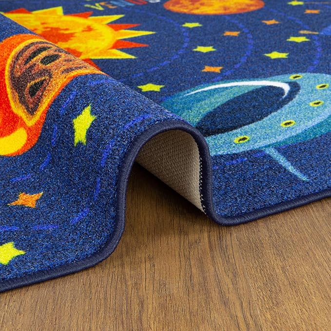 KC Cubs 5x7 Outer Space Solar System Toy Car Road Rug – Educational Play Mat Carpet for Kids, Toddlers, Nursery, Classroom, Playroom, Baby Daycare
