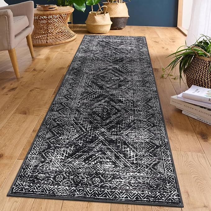 COZYLOOM Rug Runners 2x8 Washable for Hallway Vintage Non Slip Area Rug Geometric Soft Throw Rugs Low Pile Stain Resistant Carpet for Office Dining Room Living Room, Black
