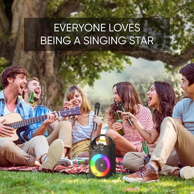 MASINGO Karaoke Machine for Kids and Adults with 2 Wireless Bluetooth Microphones, PA Portable Speaker with Colorful LED Lights, Supports TF Card/USB, AUX/MIC in, TWS for Home Party, Burletta C10 V2