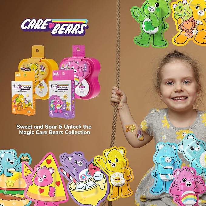 BioSwiss Care Bears Bandages, Sweet and Sour Care Bear Shaped Self Adhesive Bandage, Latex Free Sterile Wound Care, Fun First Aid Kit Supplies for Kids, 50 Count