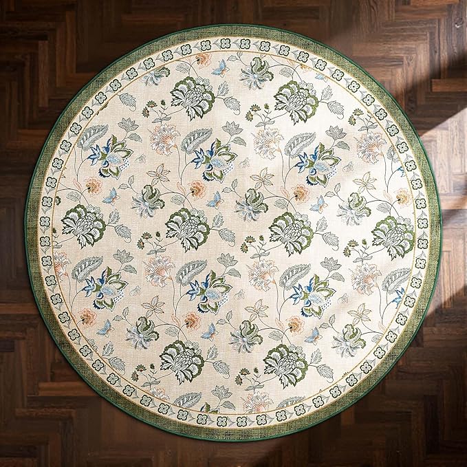 jinchan 4ft Floral Round Rug for Entryway Washable Kitchen Rug Vintage Romance Design Non Slip Indoor Doormat Lightweight Low-Profile Throw Carpet for Living Room Dining Room Bedroom, Green/Beige