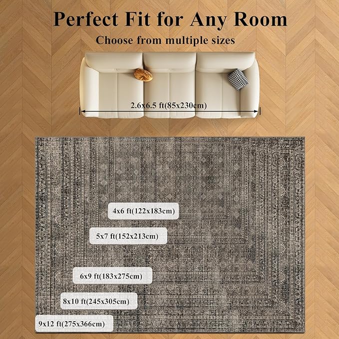 Washable Rugs 5x7 Area Rugs for Living Room, Thin Carpet for Bedroom, Soft Faux Wool Retro Dining Room Rug,Non Slip&Non-Shedding Resistant Low Pile Vintage Print Rug for Home Office (Brown)