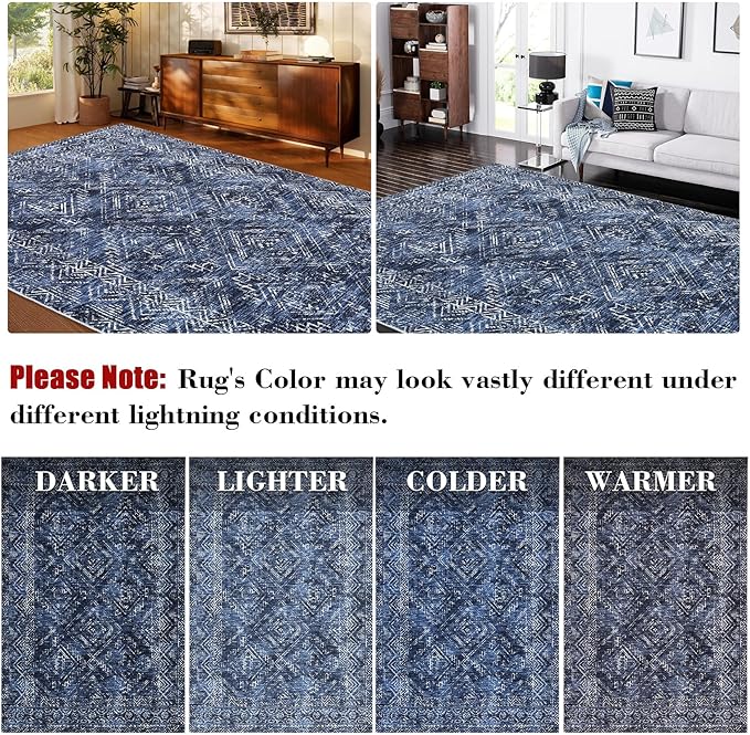 COZYLOOM 4x6 Area Rug for Living Room Bedroom Playroom Nursery Vintage Non Slip Low Pile Rug Soft Throw Floor Cover Geometric Tribal Foldable Indoor Carpet, Blue