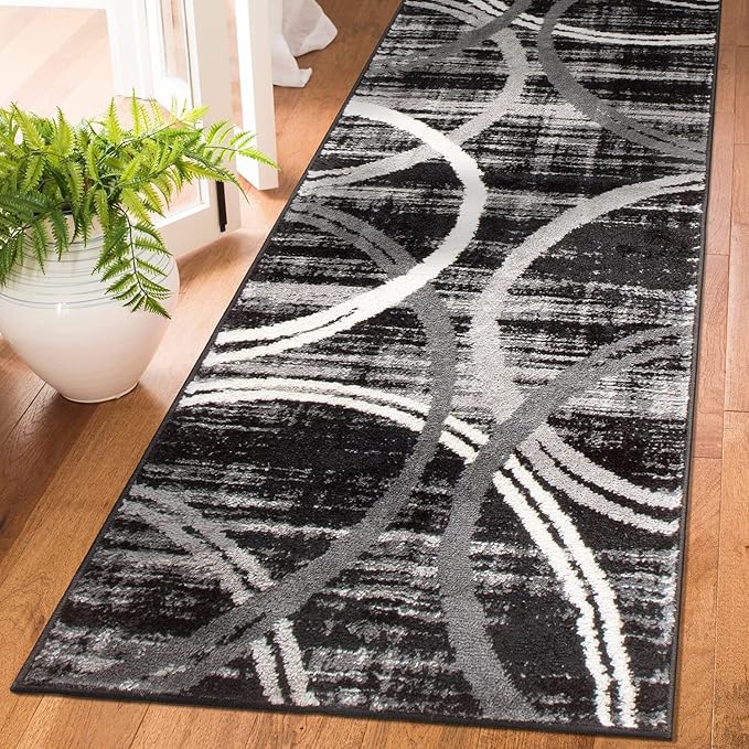 Rugshop Modern Wavy Circles Design Runner Rug 2' x 7'2" Black