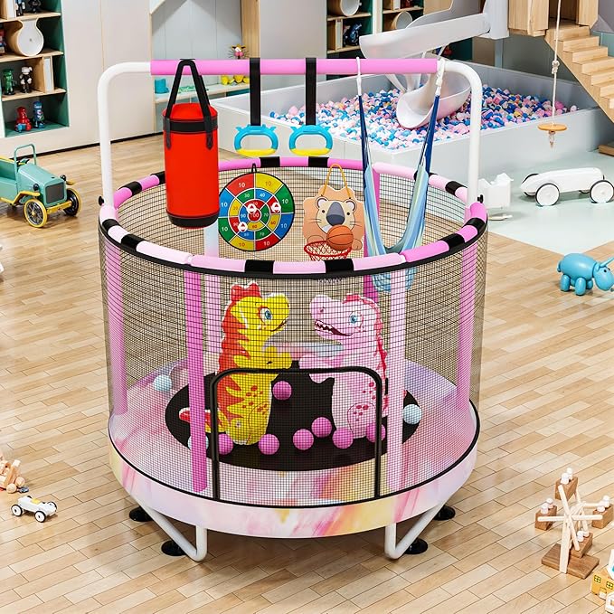 LAMERGE 55" 7-in-1 Round Trampoline for Kids Boys & Girls Ages 1-8, Indoor & Outdoor Trampoline for Fun, Adjustable Height Handrail & Enclosed Safety Net & Durable Designs for Toddlers Children