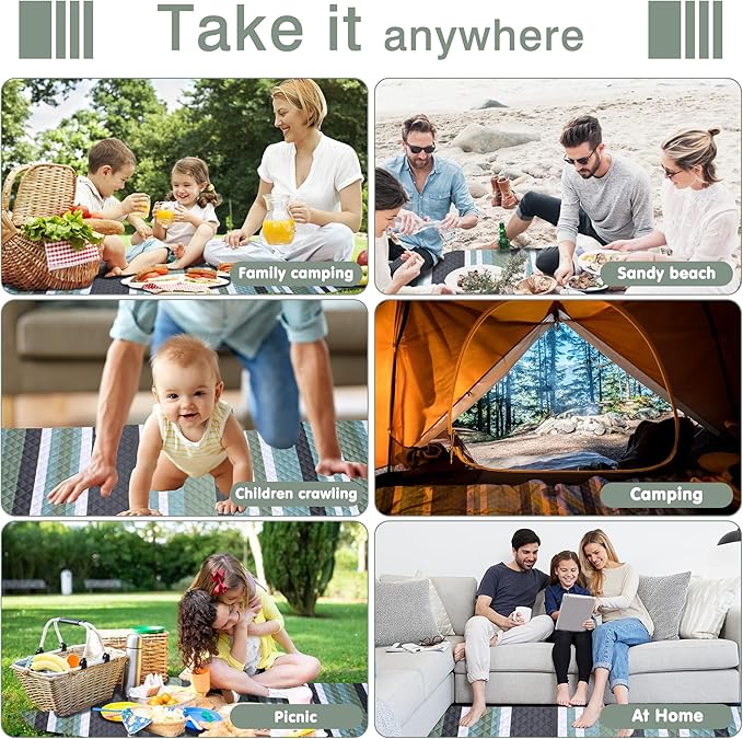 Waterproof Picnic Blanket 80" x 80" in Portable with Carry Strap for Beach Mat or Family Outdoor Camping Party, Park Blanket for Grass Park, Hiking, Travel, Concerts (Green&White, 80" x 80")