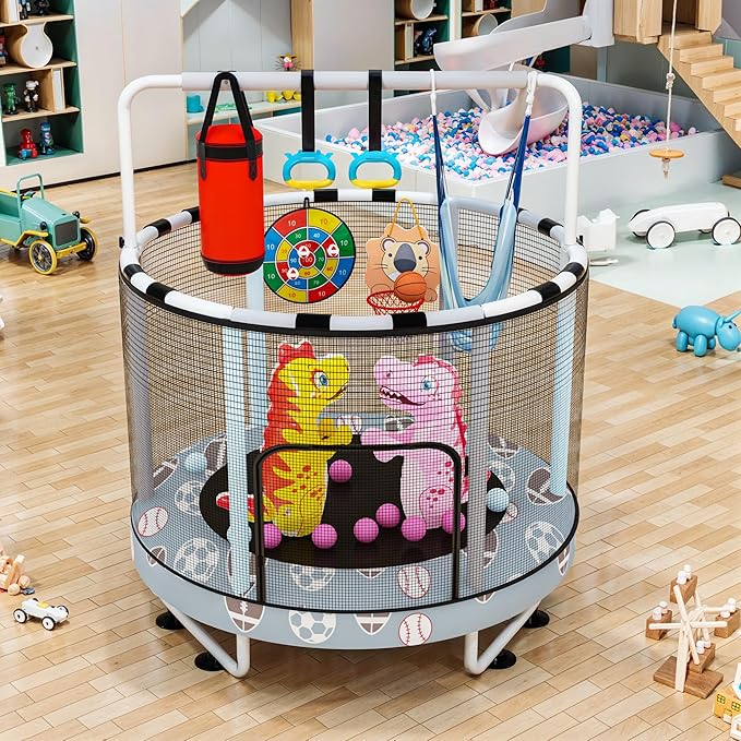 LAMERGE 55" 7-in-1 Round Trampoline for Kids Boys & Girls Ages 1-8, Indoor & Outdoor Trampoline for Fun, Adjustable Height Handrail & Enclosed Safety Net & Durable Designs for Toddlers Children