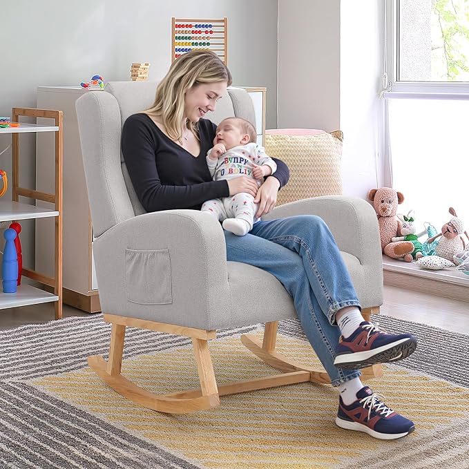 Rocking Chair Nursery, Nursing Rocking Chairs for Mom Nursery, Comfy Wingback Glider Rocking Armchair with Side Pocket for Nursery Living Room Bedroom, Light Grey