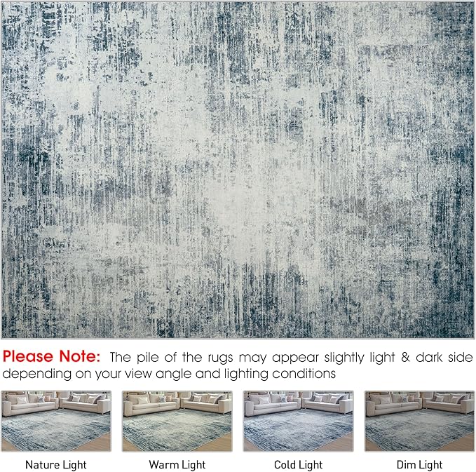 Area Rug 9x12 Washable Rugs: Abstract Large Living Room Rugs with Non-Slip Backing, Stain Resistant Indoor Floor Carpet for Bedroom Dining Room Table Nursery Hallway Home Office-Blue/Ivory