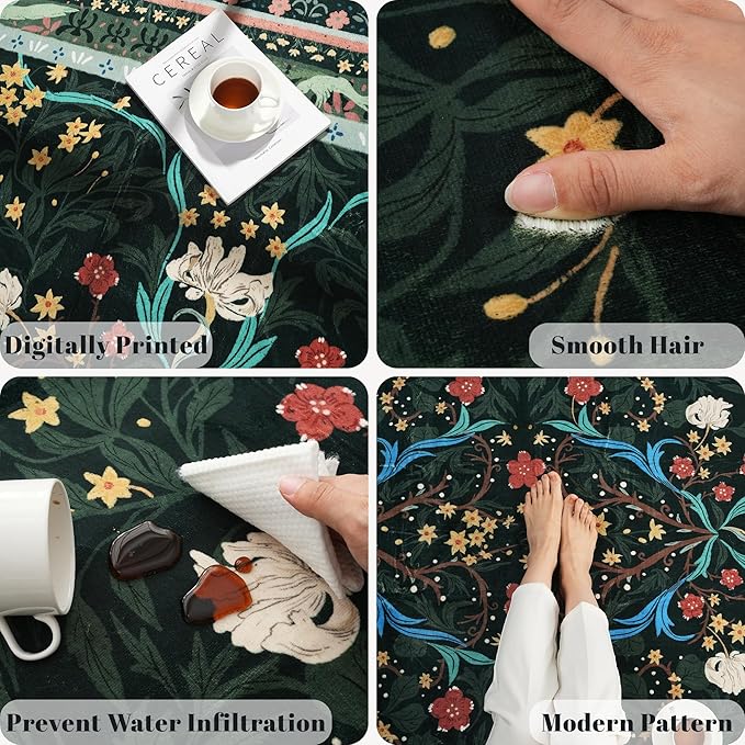 Bedroom Rug 3x5 Rug Washable Area Rug Non Slip Low Pile Vintage Floral Botanical Small Carpet for Bedroom, Bedside, Kitchen, Entryway, Kids Room, Office, Green