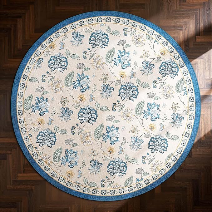 jinchan 7ft Floral Round Rug for Dining Room Washable Living Room Rug Vintage Romance Design Non Slip Indoor Floor Cover Lightweight Low-Profile Throw Carpet for Bedroom Porch Patio, Blue/Beige