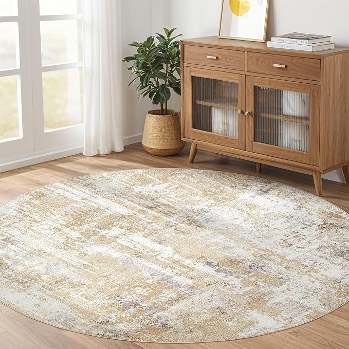Round Rug Living Room Rugs: 8Ft Washable Circle Large Abstract Modern Soft Stain Resistant Non Slip Indoor Floor Carpet for Bedroom Nursery Office Dining Room Dorm Home House Decor- Gray Gold