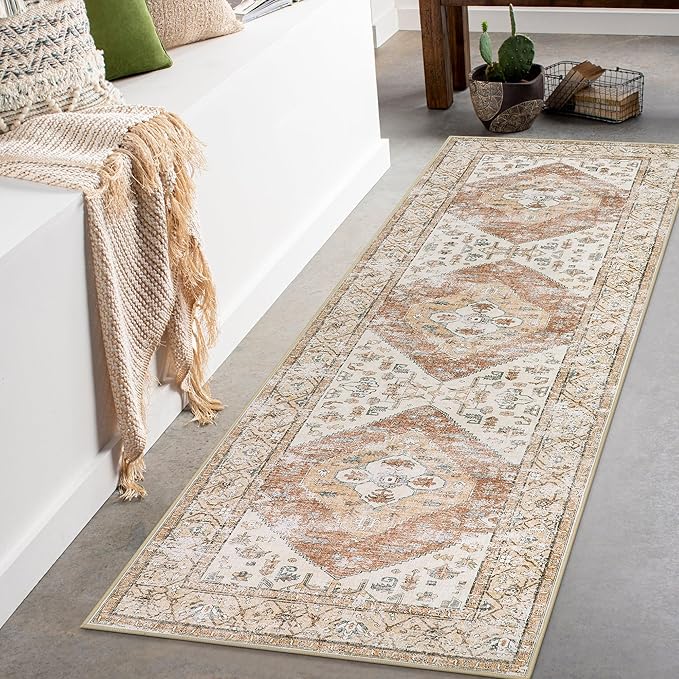 Lahome Boho Washable Rug Runner - 2x7 Non-Slip Runners Rugs for Hallways Non-Shedding Lightweight Runners for Kitchen, Oriental Distressed Print Indoor Carpet Runner for Entrance Bathroom Laundry Room