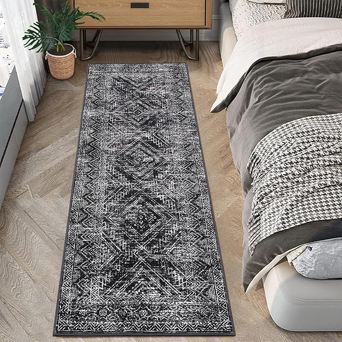 COZYLOOM Rug Runners 2x6 Washable Rugs for Bedroom Hallway Dining Room Living Room, Vintage Rug Non Slip Area Rug Geometric Soft Throw Rugs Low Pile Stain Resistant Carpet, Black