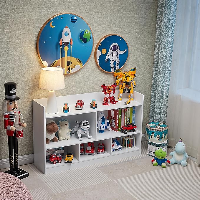 Kids Toy Storage Organizer, 5-Section Bookshelf for Organizing Books Toys, Wooden Storage Cabinet Daycare Furniture for School, Classroom Playroom, Nursery, Kindergarten (White)