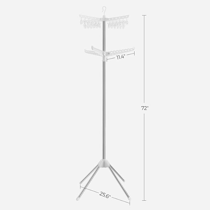 SONGMICS 2-Tier Clothes Drying Rack, 72-Inch Folding Laundry Drying Rack with 3 Rotatable Arms for Hangers, 24 Clips, Stainless Steel, for 27 Pieces of Clothes, White and Silver ULLR512W01