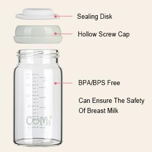 COMI Wide Neck Glass Breastmilk Collection n Storage Bottle, 6oz with Screw Ring Sealing Disk; Re-markable Sealing Disc. BPA Free, Fits Breast Pumps & Nipples (Pink Lids)