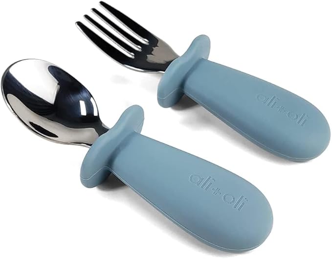 Ali+Oli Spoon & Fork Learning Set for Toddlers (Powder Blue) 6m+ Grab Easy BPA Free Food-Grade Silicone Handle, Kids Silverware Self Feeding Baby Utensil, Multi-stage Baby Feeding Set Ergonomic Design