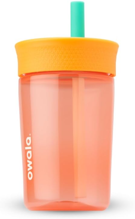 Owala Kids BPA-Free Plastic Tumbler with Spill Resistant Flexible Straw, Easy to Clean, Kids Water Bottle, Great for Travel, Dishwasher Safe, 15 Oz, Orange and Peach (Watermelon)