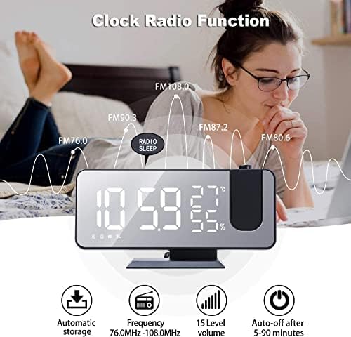 Projection Alarm Clock for Bedrooms Ceiling, Digital Clock Radio with USB Charger Port, Temperature & Humidity Display, 7.3” Large LED Display,12/24H,Snooze,Dual Loud Clock- 4 Dimmer