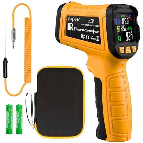 50:1 Infrared Thermometer -58F to 1796F, Laser Temp Gun with Thermocouple Probe for Pizza Oven, HVAC, BBQ, High Temp Gun with Humidity Sensor, Accurate for Home and Industrial Use