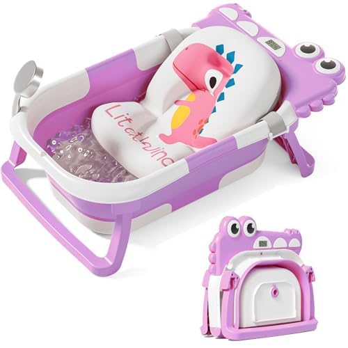 TPN Collapsible Baby Bathtub, Baby Bath Tub with Soft Cushion & Real-Time Thermometer, Baby Bathtub Infant to Toddler Tub (0-36 Months), Portable Newborn Travel Bath tub
