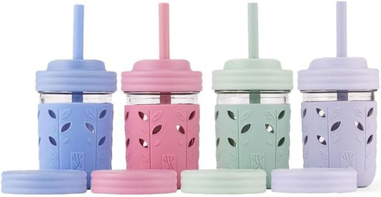 Elk and Friends Kids & Toddler Cups | The Original Glass Mason jars 8 oz with Silicone Sleeves & Silicone Straws with Stoppers | Smoothie Cups | Spill Proof Sippy Cups for Toddlers | 4 Pack