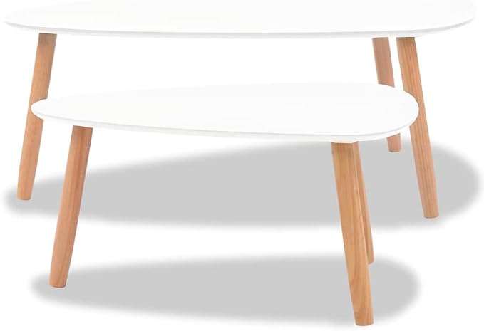 Scandinavian Oval Coffee Table Set of 2 White Solid Pine Wood Modern Minimalist - Image 8