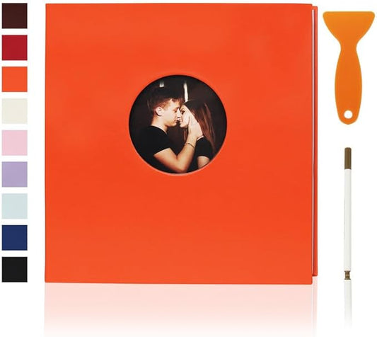 RECUTMS Photo Album Self Adhesive with Round Window 4x6 5x7 6x8 8x10 Magnetic Scrapbook with 40 Pages Leather Cover DIY Photo Album with Metallic Pen and Scraping Plate (Orange)