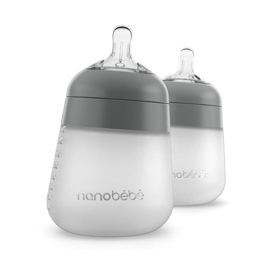 Nanobebe Flexy Silicone Baby Bottle, Anti-Colic, Natural Feel, Non-Collapsing Nipple, Non-Tip Stable Base, Easy to Clean 2-Pack, Grey, 9oz