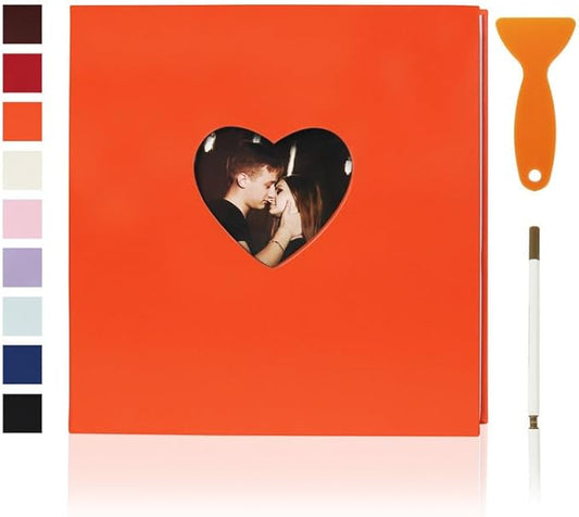 RECUTMS Photo Album Self Adhesive Scrapbook Album with Love Window for 4x6 5x7 8x10 Pictures Leather Magnetic Scrapbook Album DIY 40 Pages with Metallic Pen and Scraping Plate (Orange)