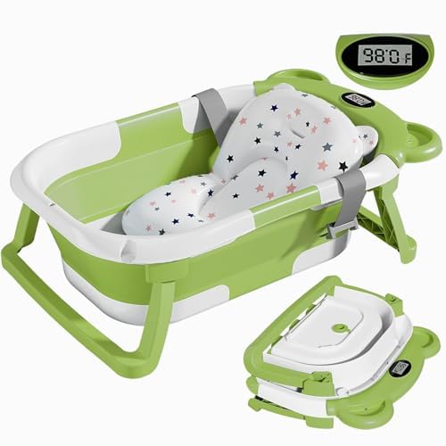 TPN Collapsible Baby Bathtub, Baby Bath Tub with Soft Cushion & Real-Time Thermometer, Baby Bathtub Infant to Toddler Tub (0-36 Months), Portable Newborn Travel Bath tub