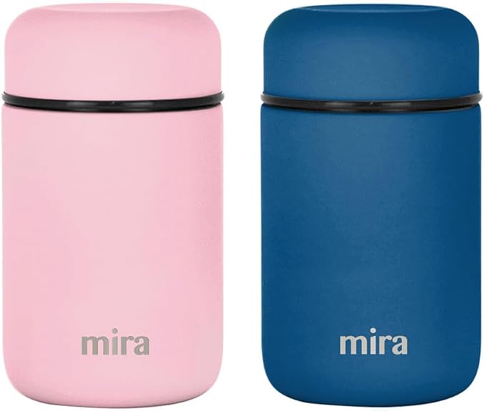 MIRA 2 Pack Insulated Food Jar Thermos for Hot Food & Soup, Compact Stainless Steel Vacuum Lunch Container, 13.5 oz, Denim, Rose Pink