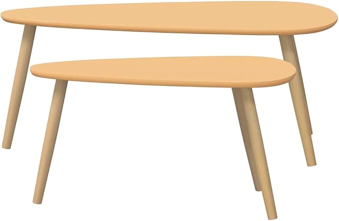 Brown Solid Pine Wood Coffee Table Set of 2, MDF Two-Piece Scandinavian Design - Image 5