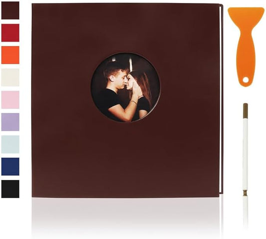 RECUTMS Photo Album Self Adhesive with Round Window 4x6 5x7 6x8 8x10 Magnetic Scrapbook with 40 Pages Leather Cover DIY Photo Album with Metallic Pen and Scraping Plate (Brown)