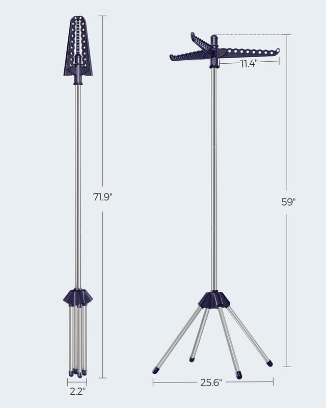 SONGMICS Clothes Drying Rack, 59-Inch High Folding Laundry Drying Rack with 3 Rotatable Arms for Hangers, 4 Legs, Stainless Steel, for 27 Pieces of Clothes, Blue and Silver ULLR510Q01