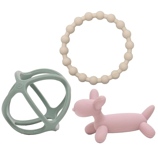 WeeSprout Silicone Baby Teether Toys for Infant Babies and Toddlers, Cute Ring, Puppy Dog, and Ball, Soft and Flexible, BPA Free, Boys and Girls (Matte Green, Pink & Off White)