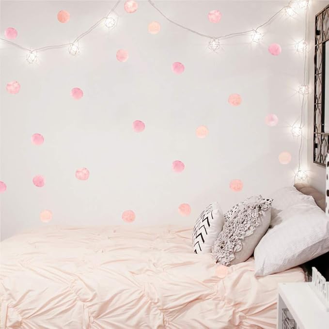 Pink Polka Dot Wall Decals 72 Pcs Watercolor Dots Wall Sticker for Kids Baby Girls Teens and Nursery Room (12 Sheets)