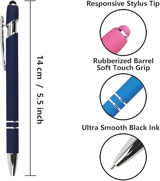 Ballpoint Pen with Stylus Tip, Soft Touch Click Metal Pen, 1.0mm Medium Point, Black Ink, 12 Count(Dark Blue)