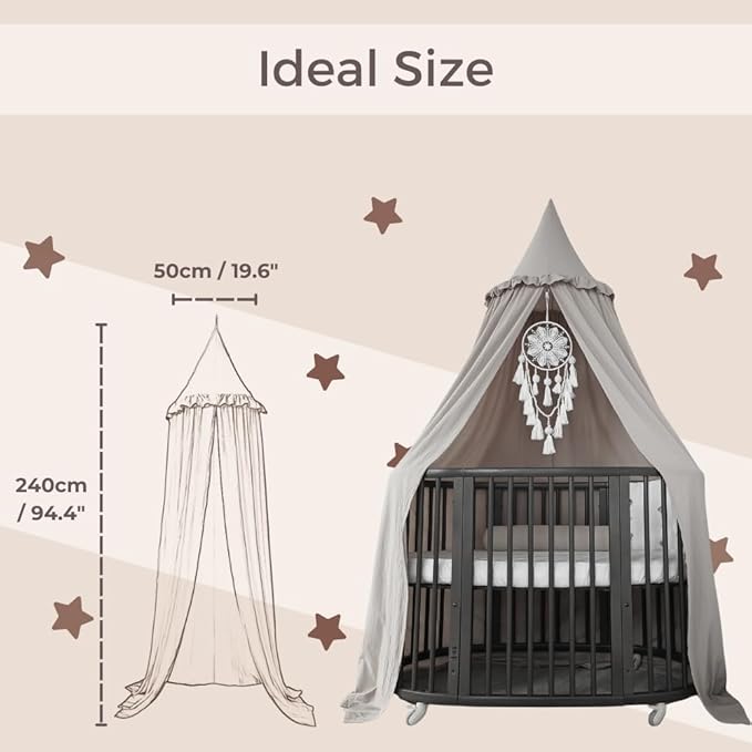 Wonder Space Kids Bed Canopy with Ruffles, Lace Frilled Cotton Tent Net, Pastel Neutral Colors for Boys & Girls, Nursery Room Baby Crib Hanging Curtain Mosquito Net Children Reading Nook Decor (Grey)