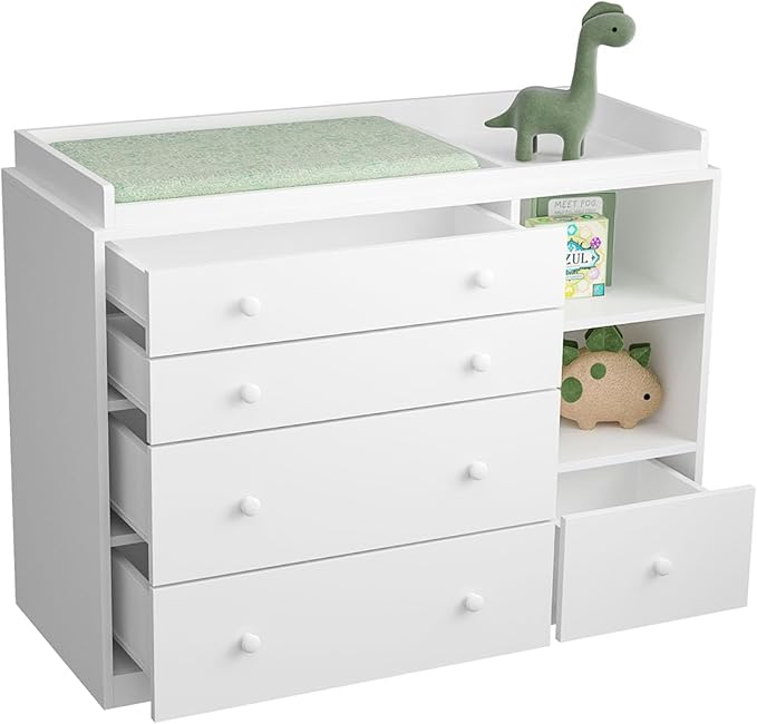 Changing Table Dresser, Baby Classic Nursery Dresser with 5 Drawers and 2 Shelves, Multi-Functional Baby Changing Table, Diaper Changing Station for Children's Room, White