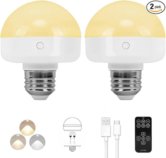 BLUEYE Rechargeable Battery Operated Light Bulb,2Packs,300LM,40W Equivalent,E26 Detachable Charging(E12 available),4 Color Temperature,Remote Control Puck Emergency Lamp,Timer,Dimmer,For Non-Hardwired